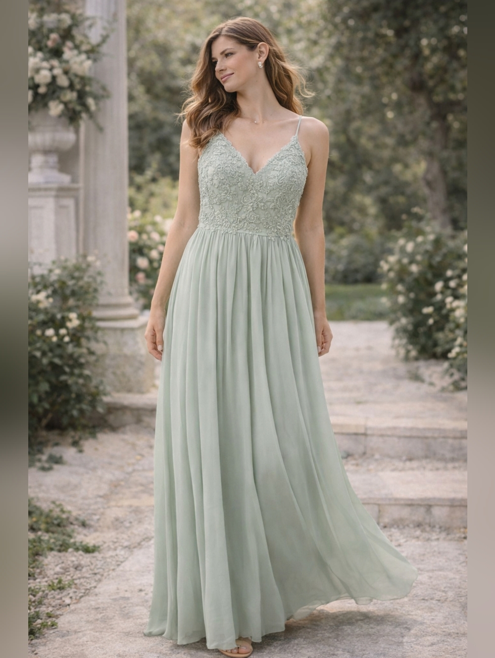 NWT Azazie Sage Green Chiffon Bridesmaid Dress A18 Lace Maxi Formal Wedding